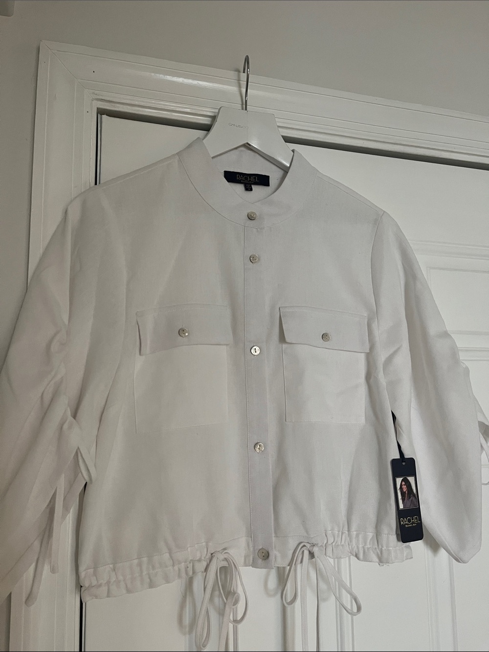 Rachel White Button-Up Drawstring Hem Shirt Jacket